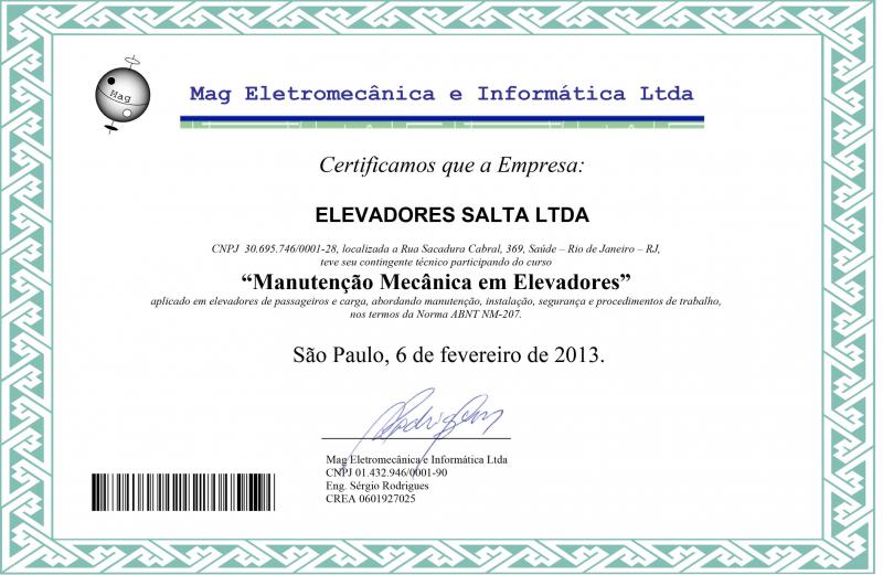 Certificado em Manutenção Mecânica em Elevadores
